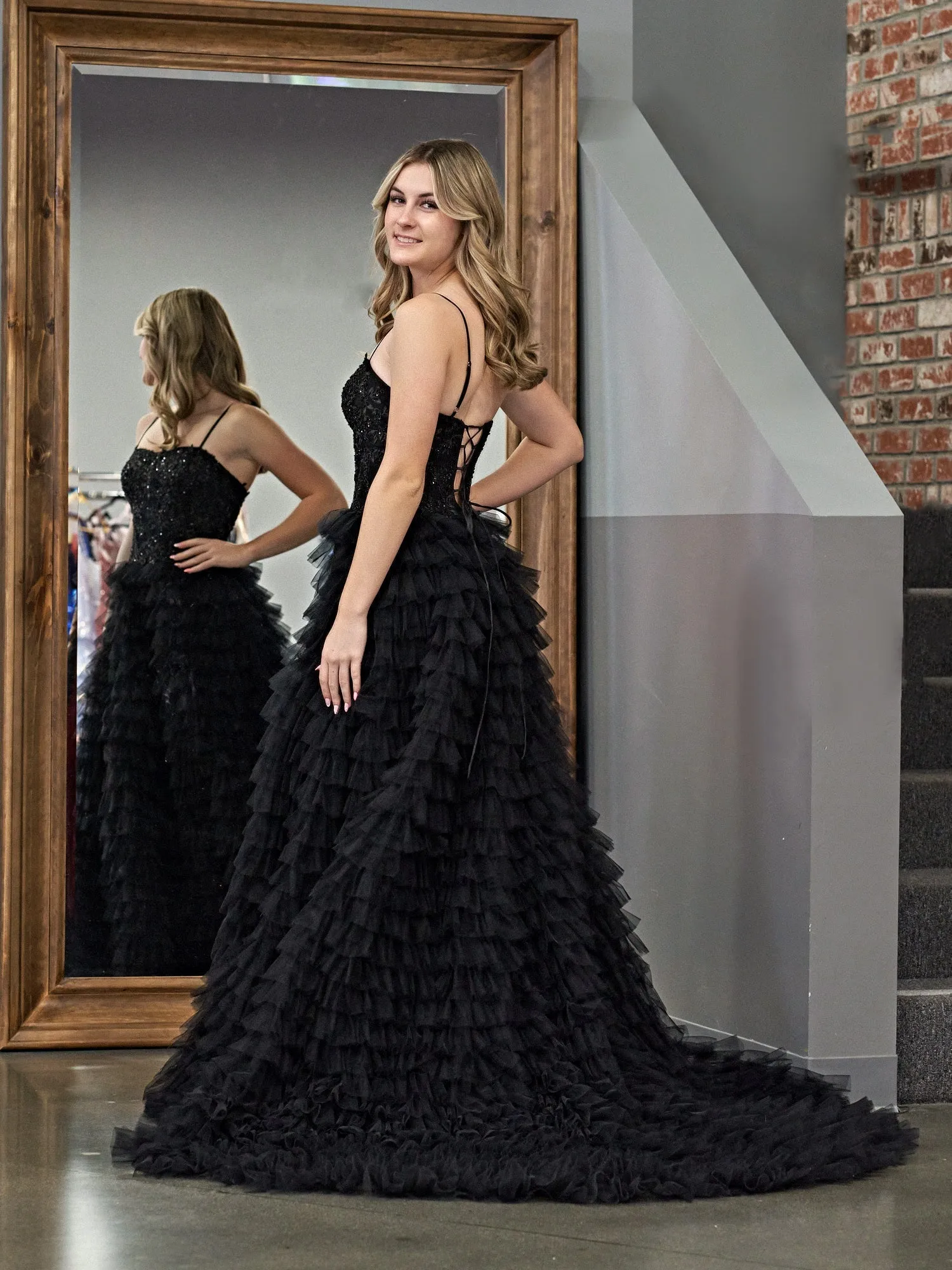 Jordan | Black A-Line Tiered Sequins Tulle Long Prom Dress