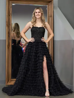 Jordan | Black A-Line Tiered Sequins Tulle Long Prom Dress