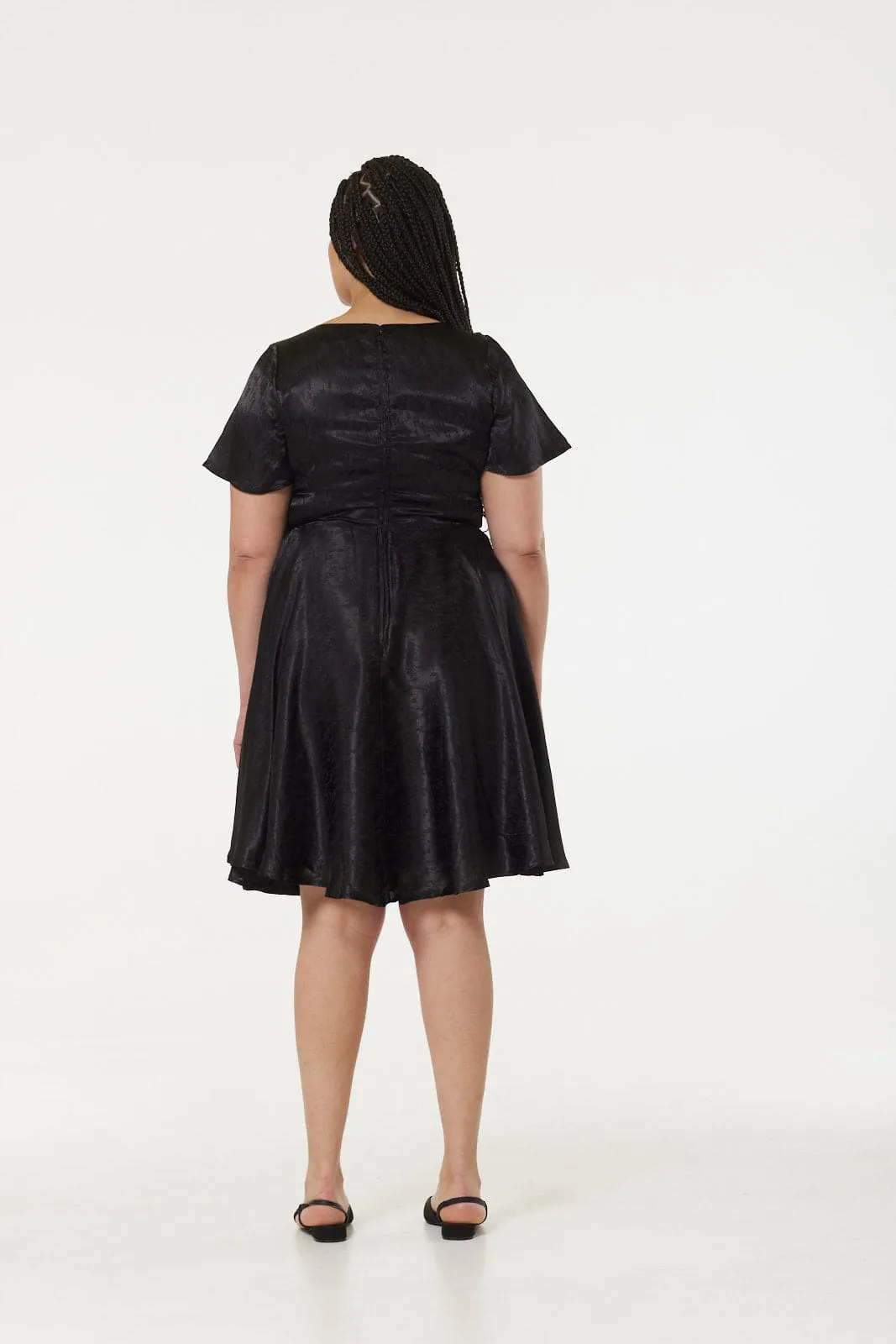 Kaylee Fit and Flare, Midi Swing Black Dress in Jacquard
