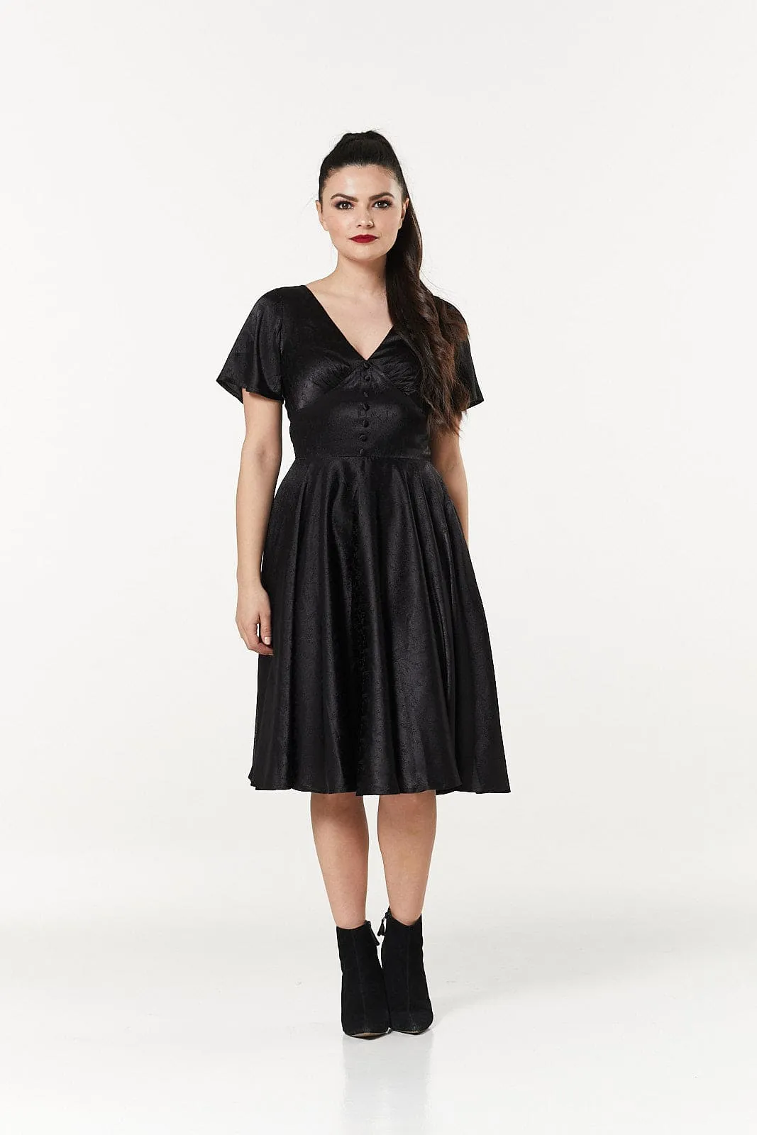 Kaylee Fit and Flare, Midi Swing Black Dress in Jacquard