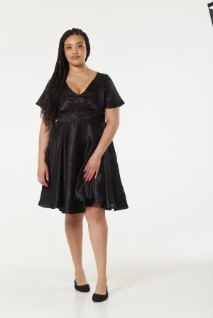 Kaylee Fit and Flare, Midi Swing Black Dress in Jacquard