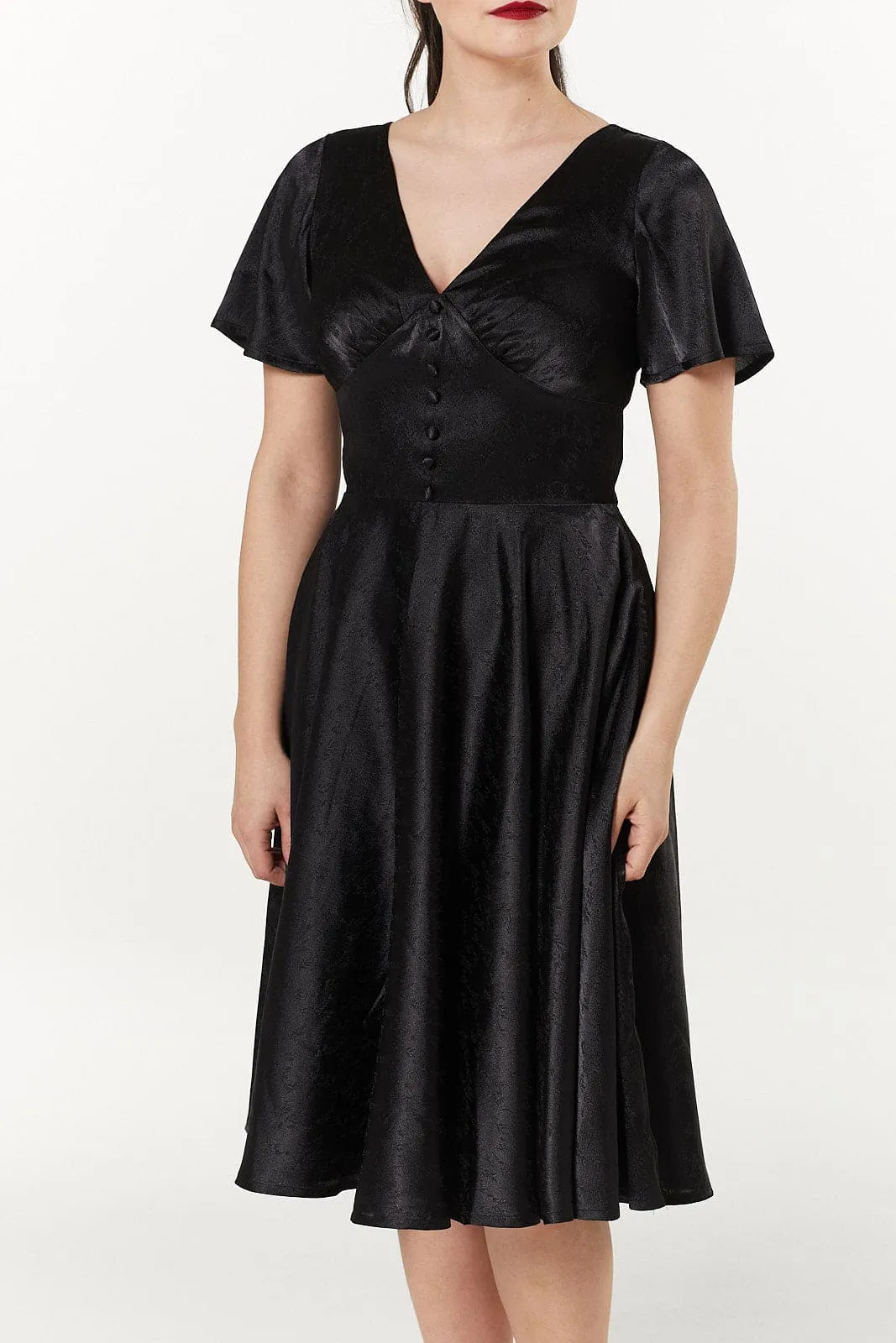 Kaylee Fit and Flare, Midi Swing Black Dress in Jacquard