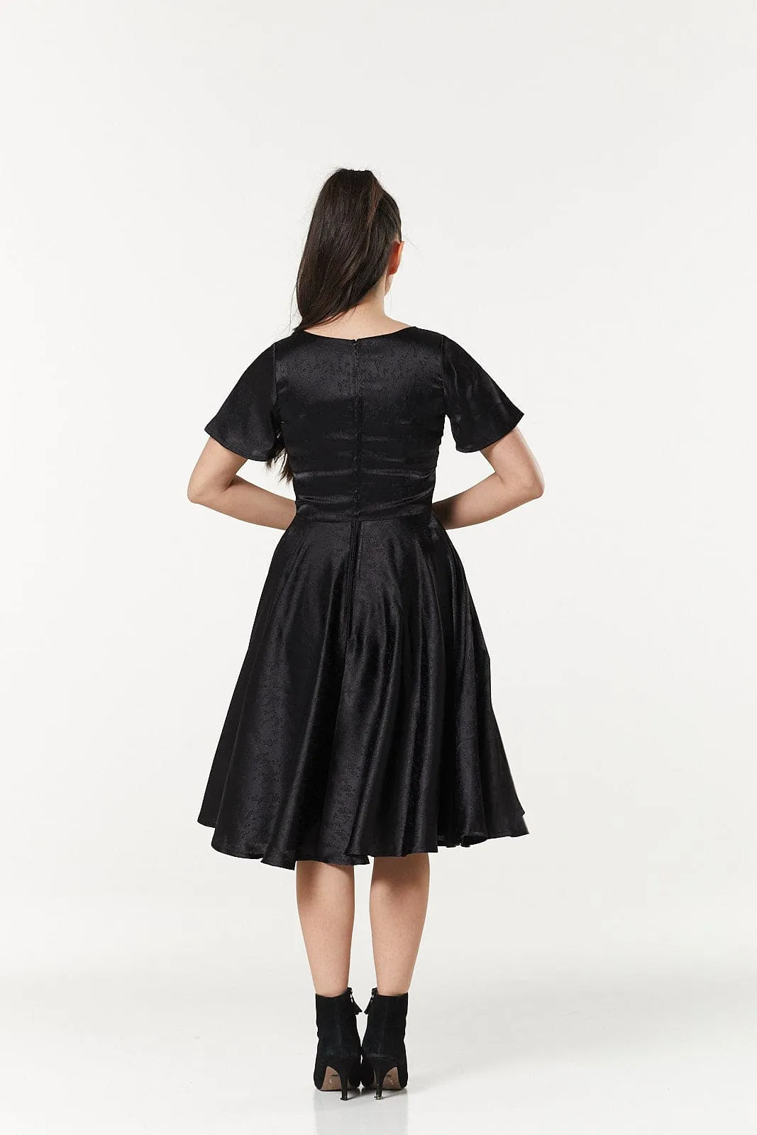 Kaylee Fit and Flare, Midi Swing Black Dress in Jacquard