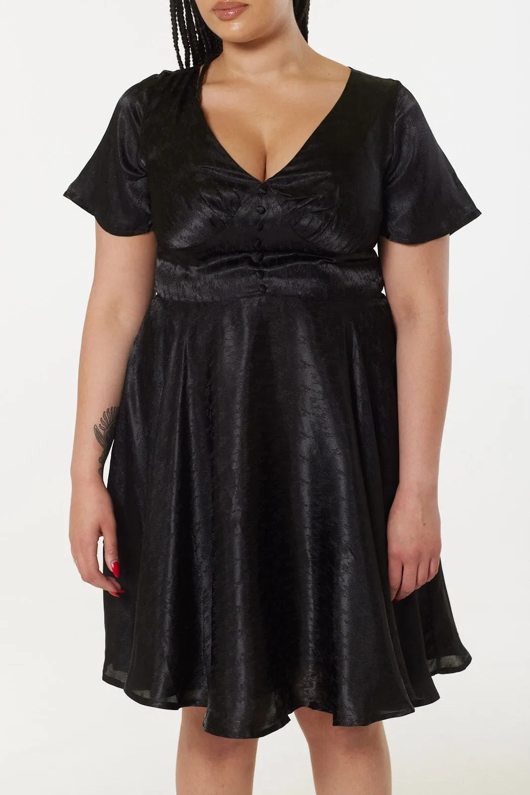 Kaylee Fit and Flare, Midi Swing Black Dress in Jacquard