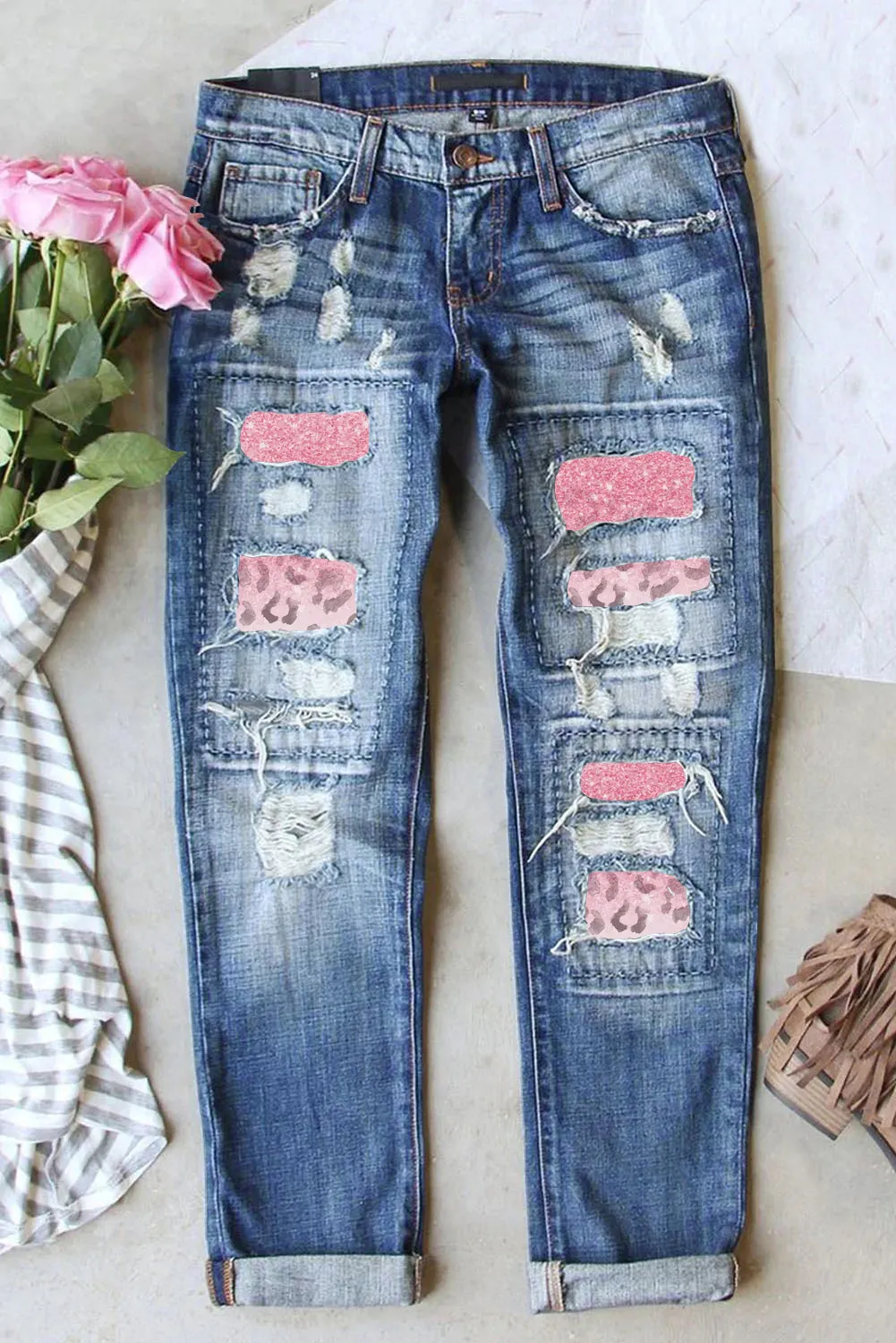 Leopard Gradient Distressed Jeans