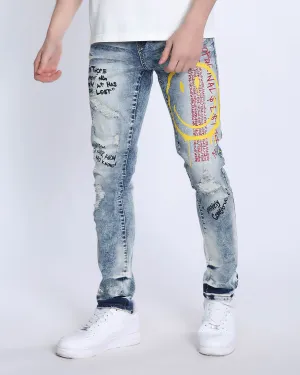 Light Wash Irregular Ripped Blue Jeans with Color Print
