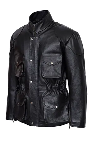 Men's Classic Police Style Black Leather Jacket