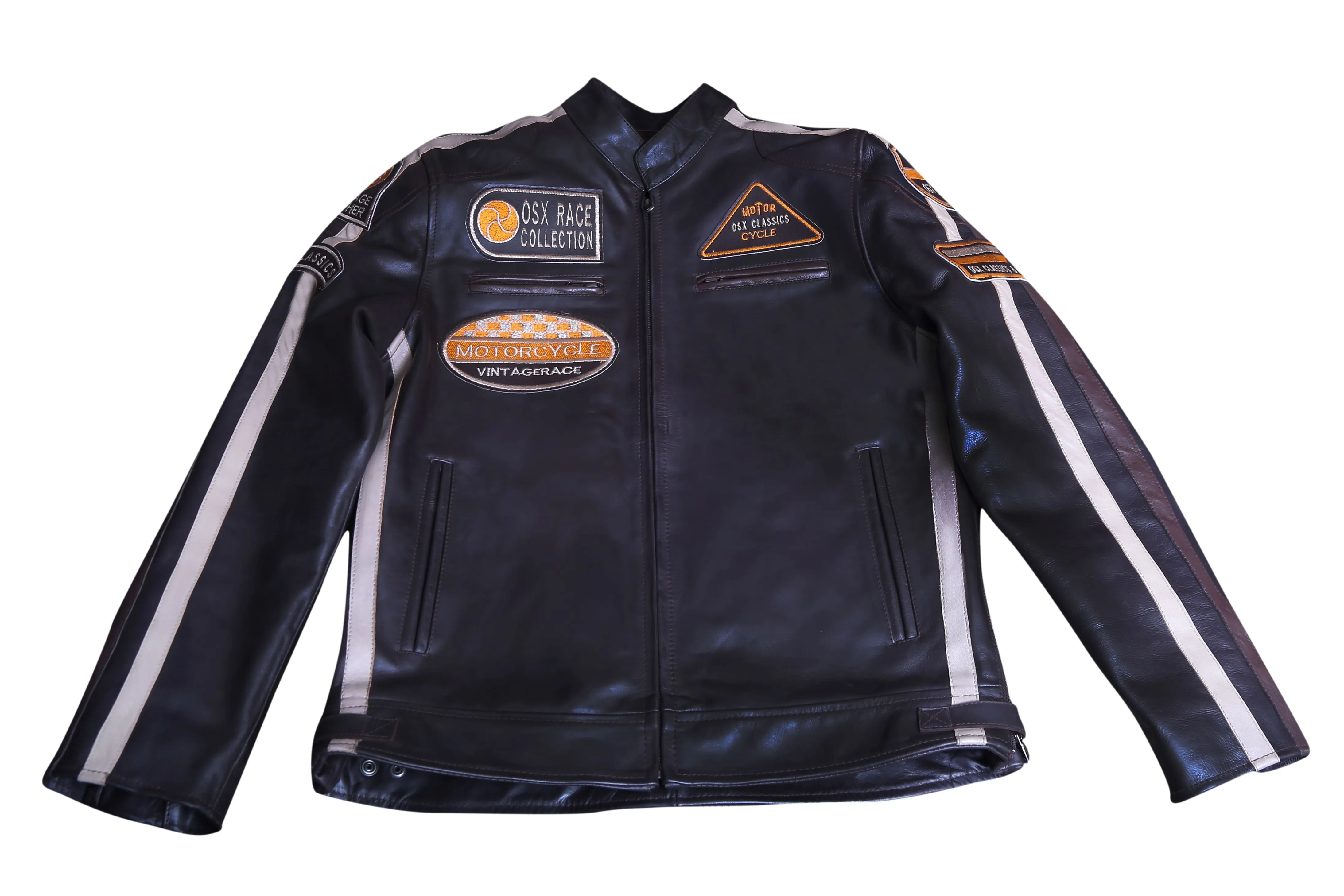 Men's Cowhide Leather Jacket Super-Soft Band Collar Patch Fashion Biker Jacket 1174