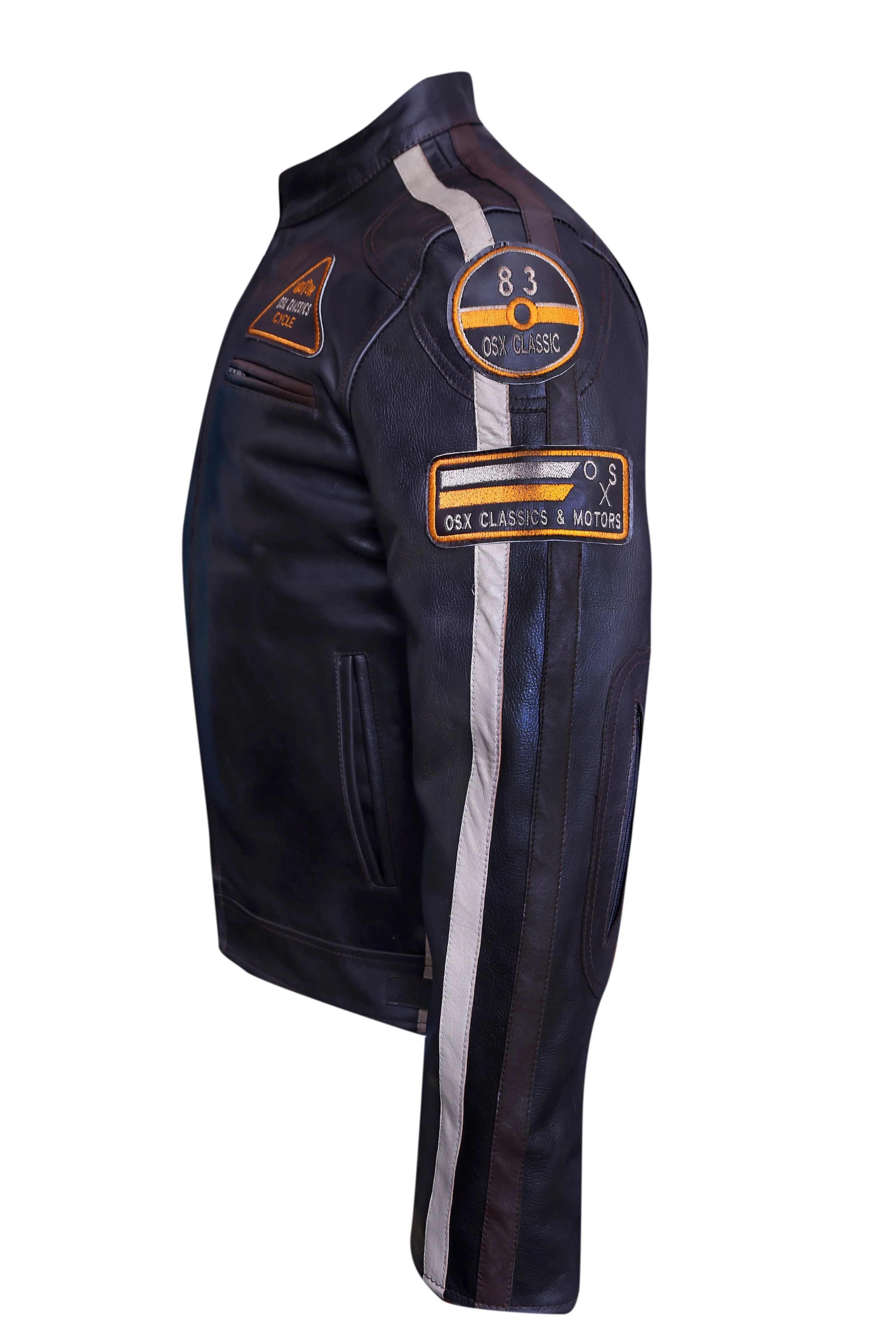 Men's Cowhide Leather Jacket Super-Soft Band Collar Patch Fashion Biker Jacket 1174