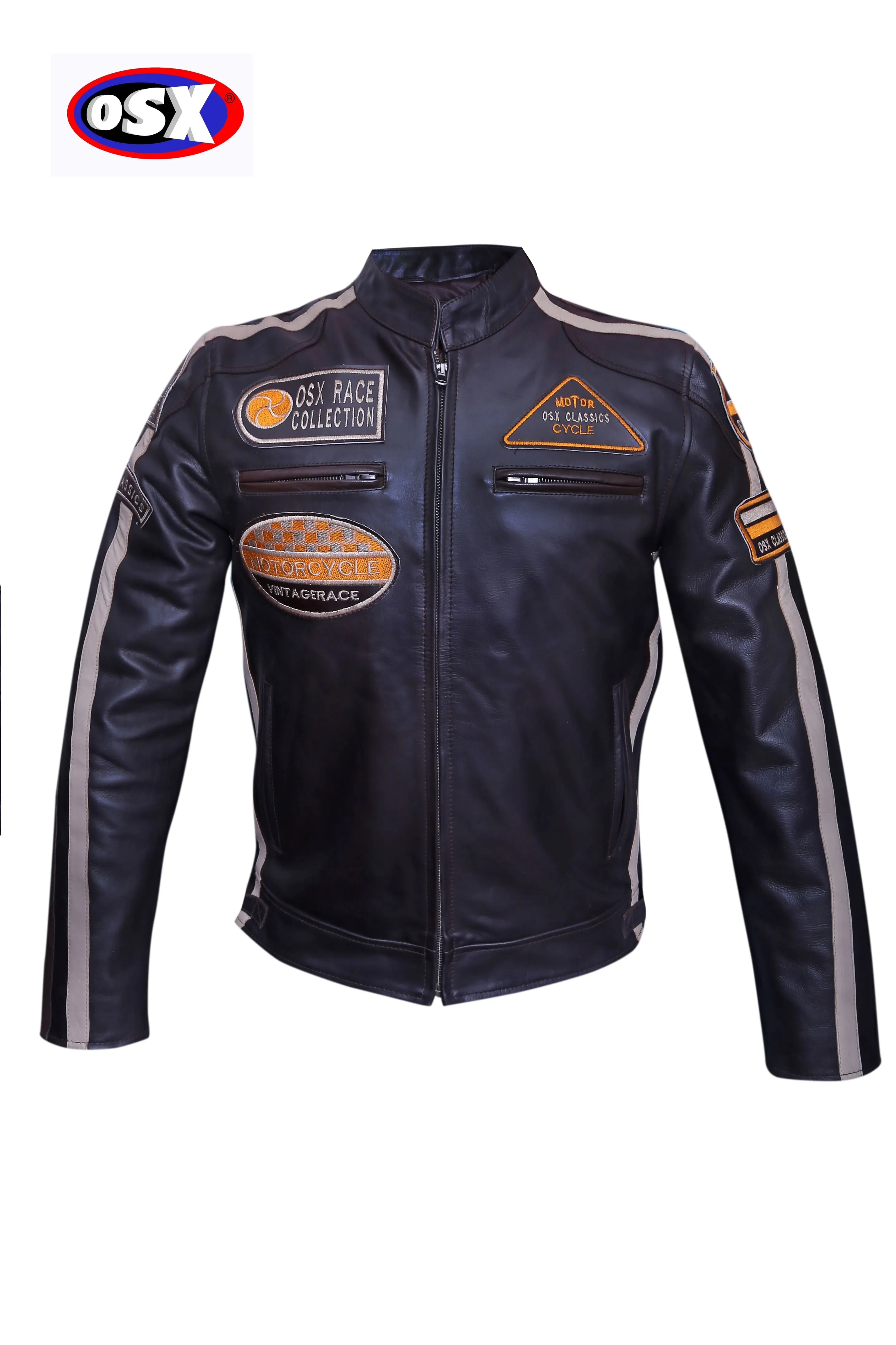 Men's Cowhide Leather Jacket Super-Soft Band Collar Patch Fashion Biker Jacket 1174