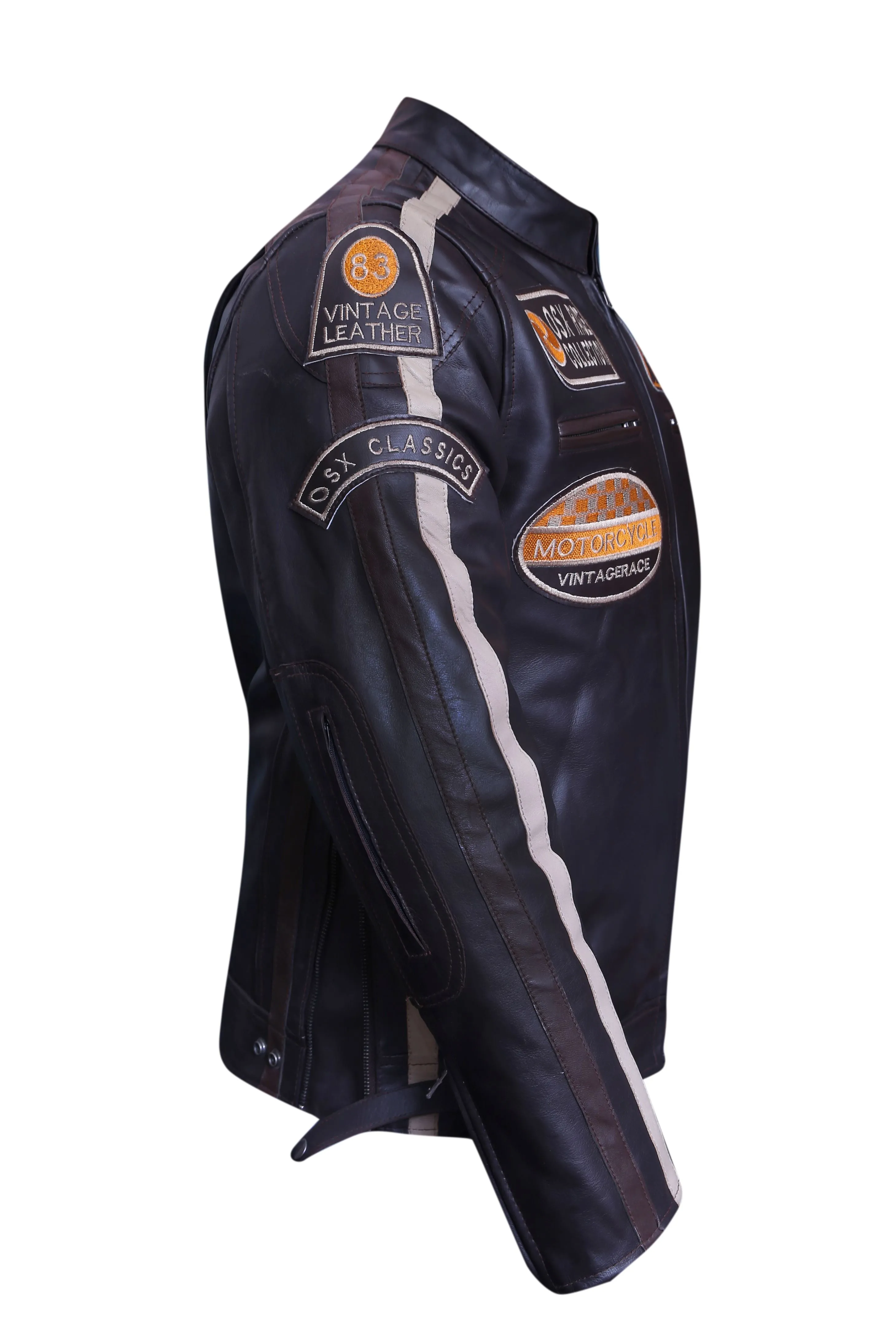 Men's Cowhide Leather Jacket Super-Soft Band Collar Patch Fashion Biker Jacket 1174