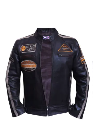 Men's Cowhide Leather Jacket Super-Soft Band Collar Patch Fashion Biker Jacket 1174