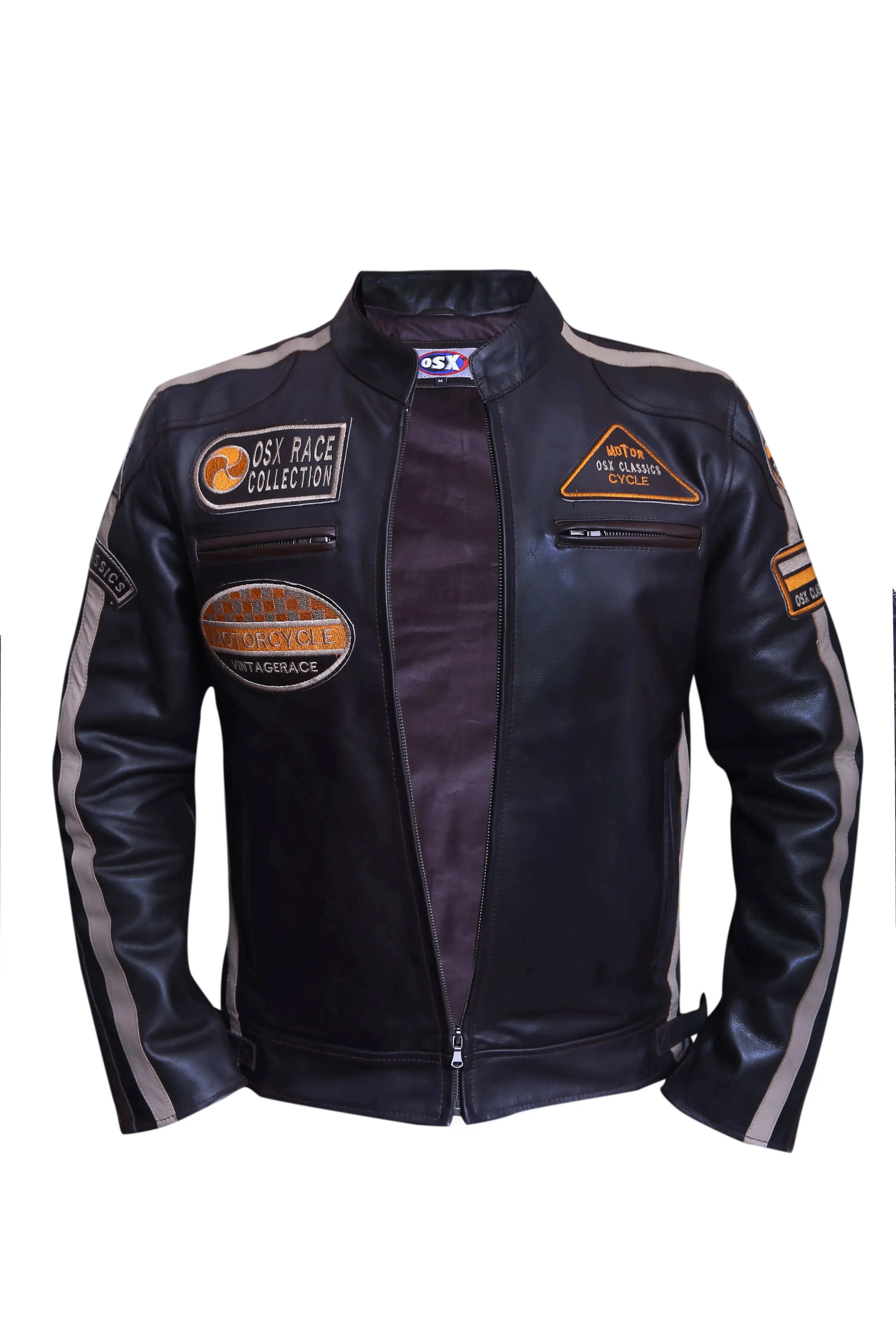 Men's Cowhide Leather Jacket Super-Soft Band Collar Patch Fashion Biker Jacket 1174
