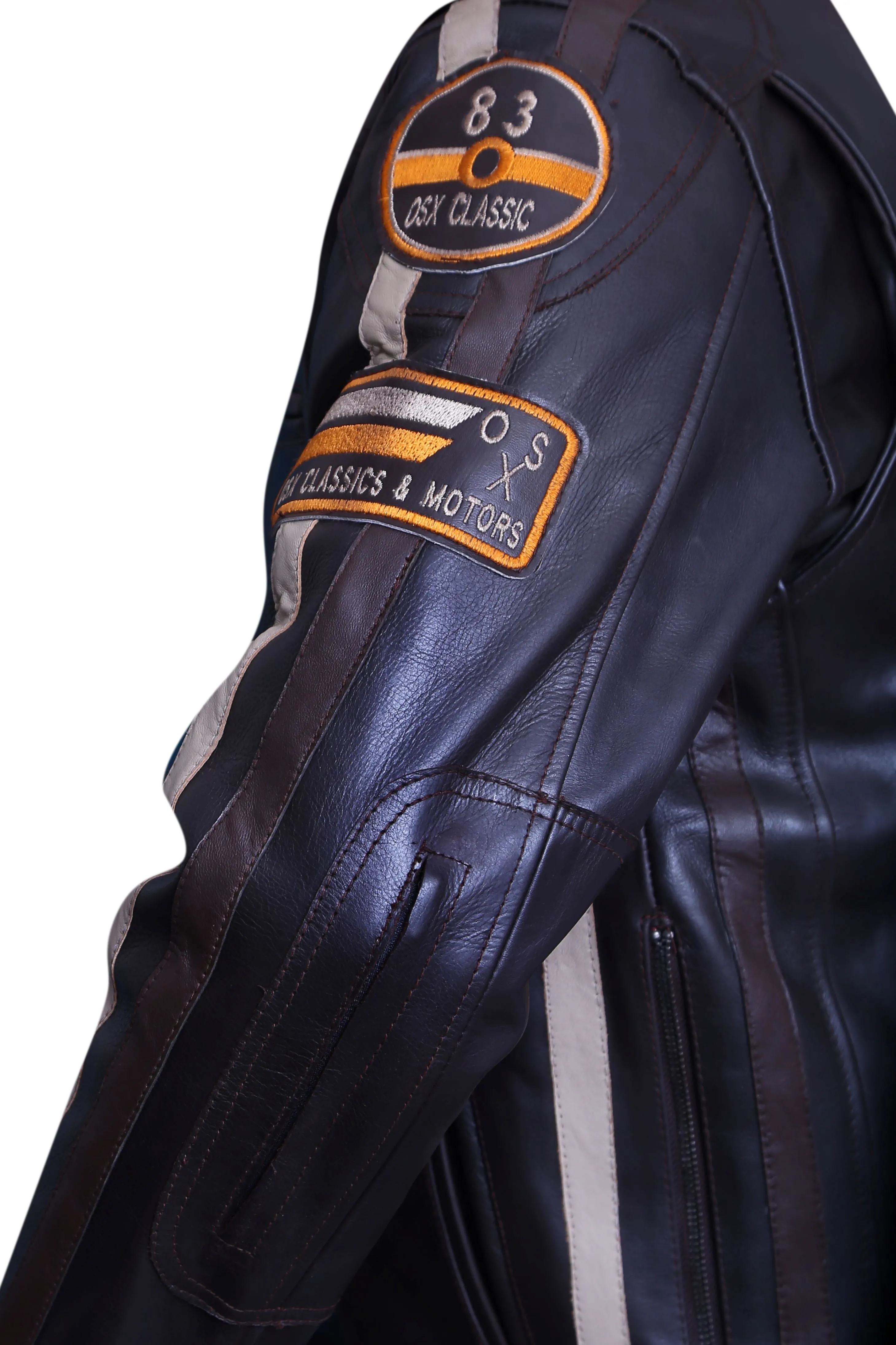 Men's Cowhide Leather Jacket Super-Soft Band Collar Patch Fashion Biker Jacket 1174