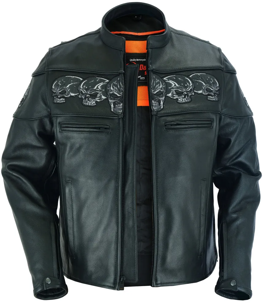 Men's Scooter Leather  Jacket W/Reflective Skulls