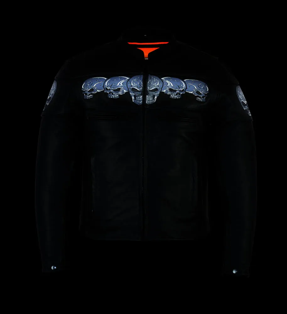 Men's Scooter Leather  Jacket W/Reflective Skulls