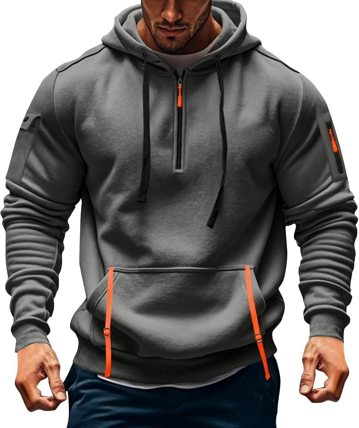 Men's Tactical Hoodies Oversized 1/4 Zip Pullover Sweatshirts with Zipper Arm Pocket Big and Tall Outfits 5XL