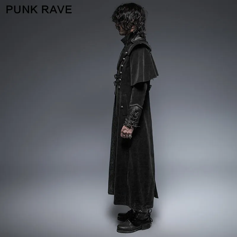 Military Black Leather Long Gothic Trench Coats With Belts