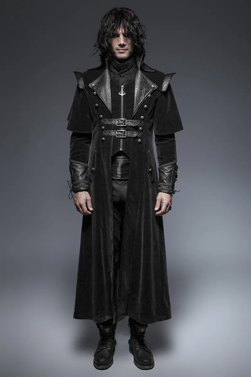 Military Black Leather Long Gothic Trench Coats With Belts