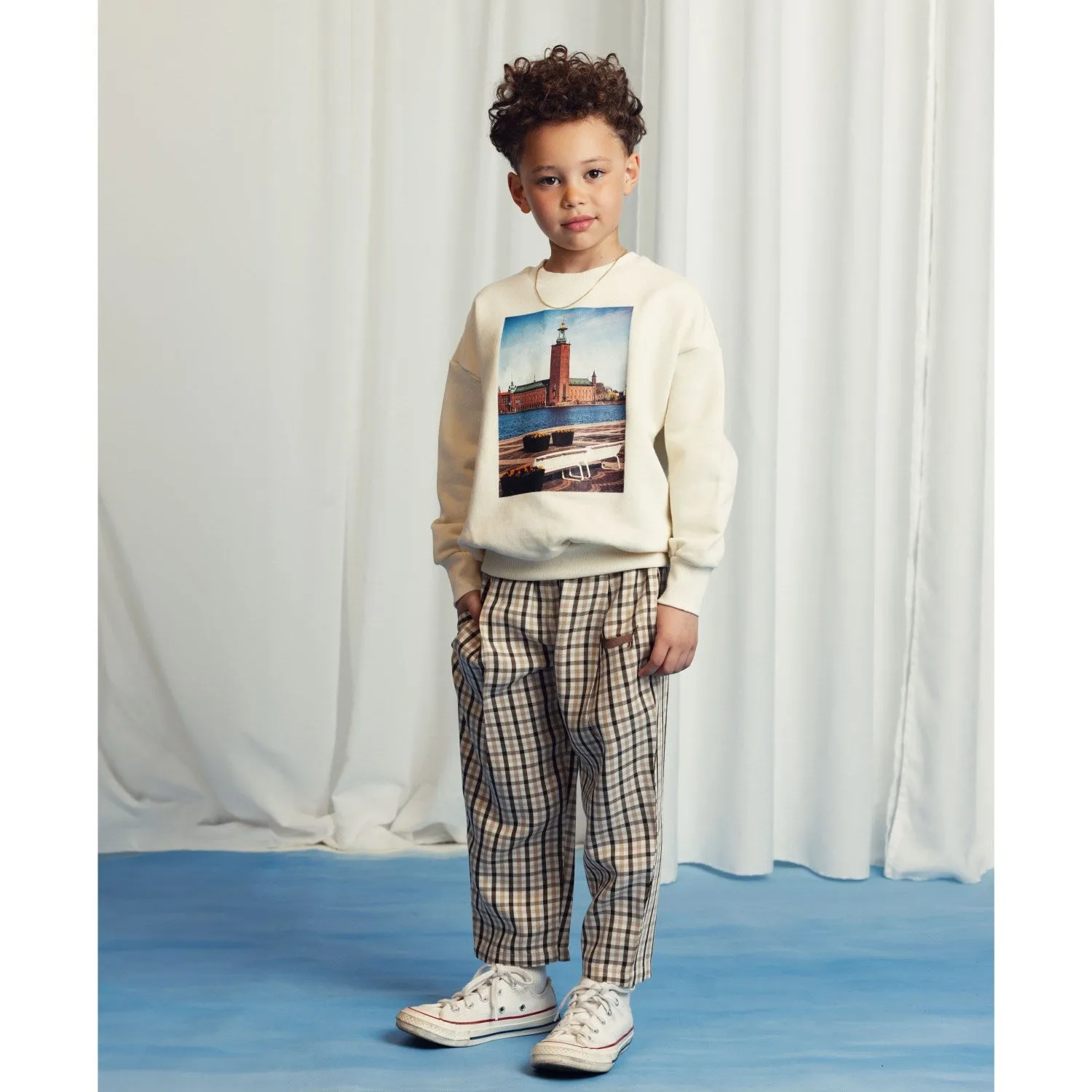 Mini Rodini Beige Gingham Woven Elastic Trousers