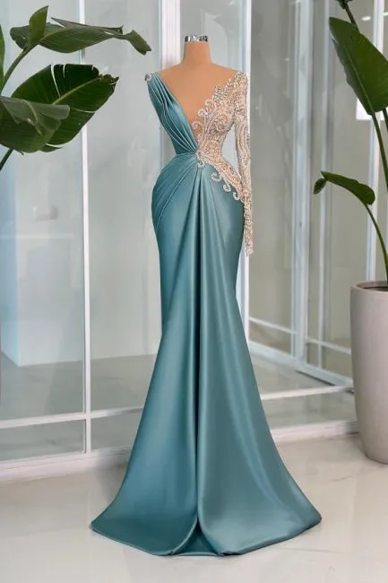 Modern Long Mermaid V-neck Lace Rhinestones Satin Long Sleeve Prom Dress
