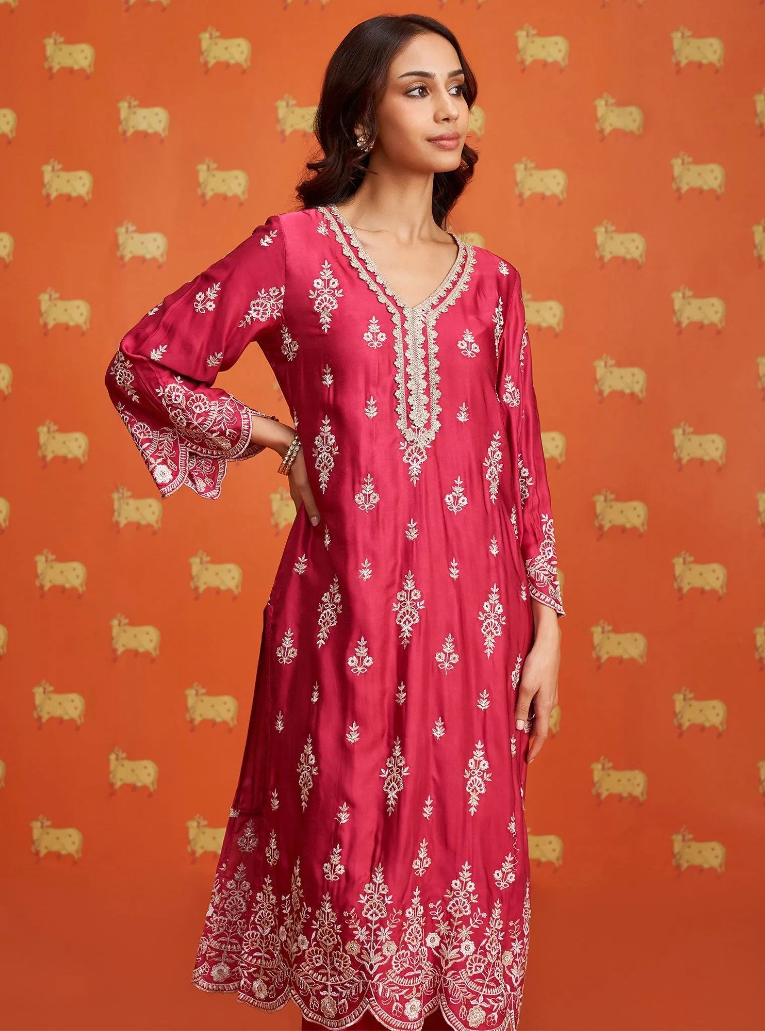 Mulmul Cupro Satin Emon Fuschia Kurta With Mulmul Cupro Satin Emon Burnt Orange Pant