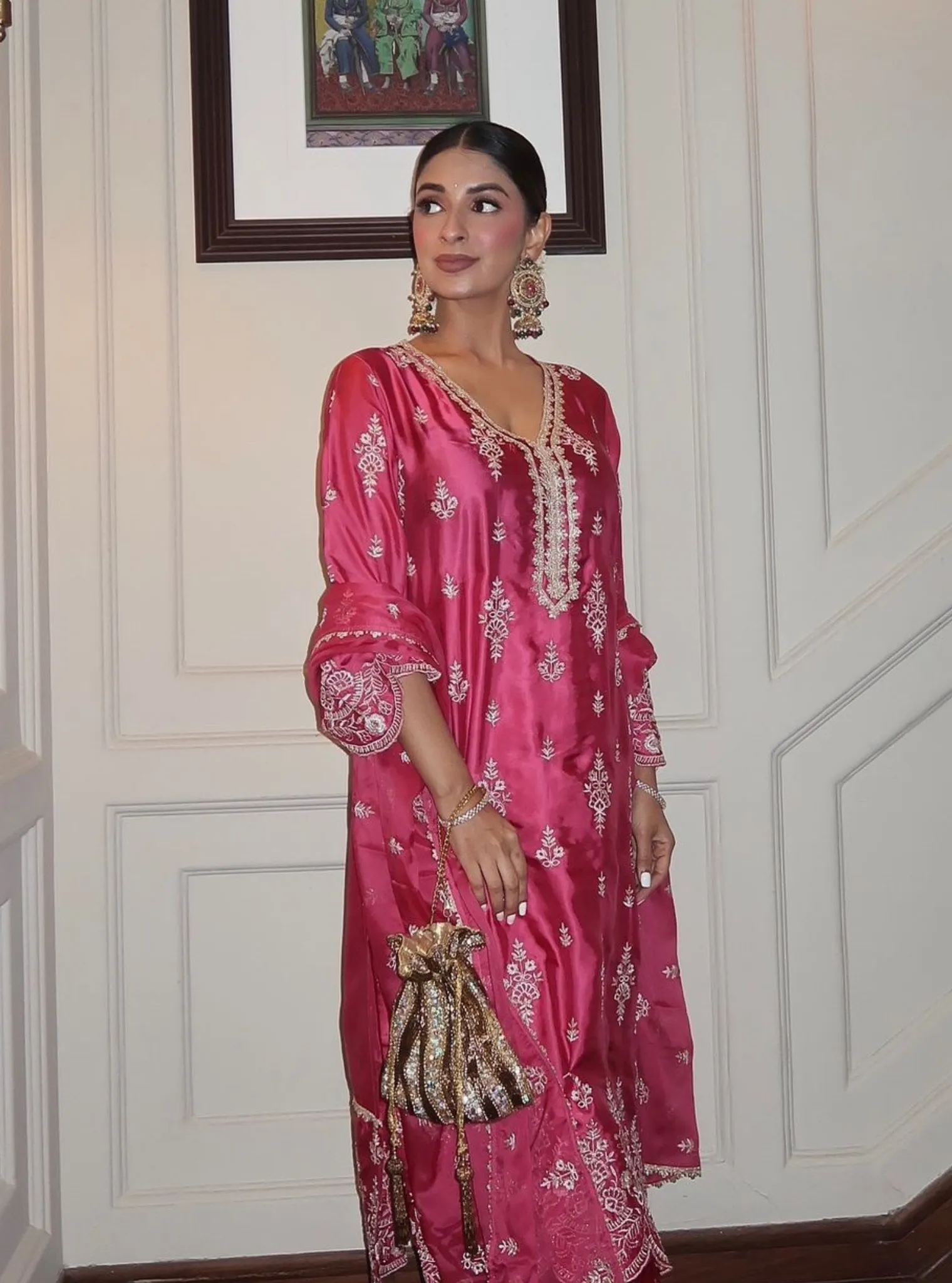 Mulmul Cupro Satin Emon Fuschia Kurta With Mulmul Cupro Satin Emon Burnt Orange Pant