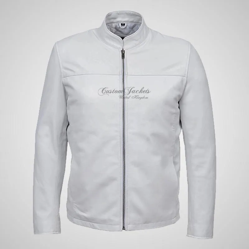 NATE Men's White Leather Biker Jacket