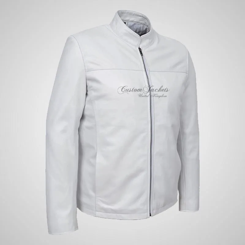 NATE Men's White Leather Biker Jacket