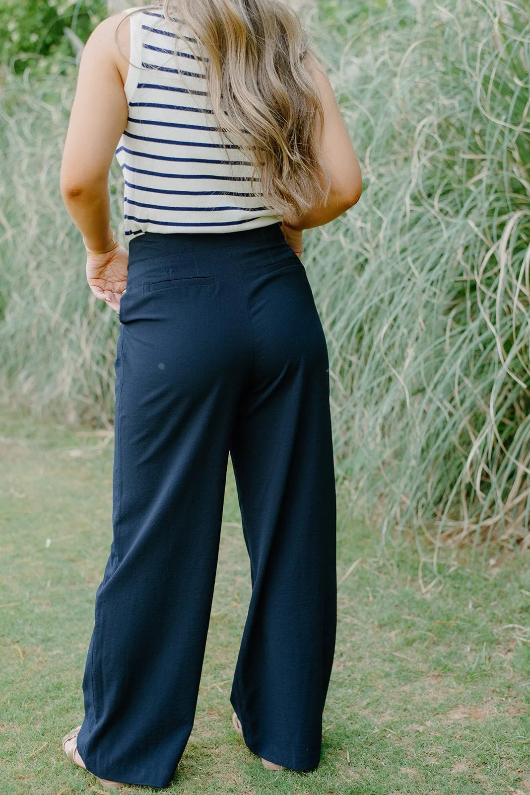 Navy Pleated High Waisted Trousers