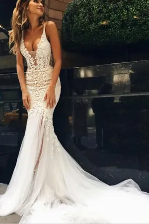 Promfast Luxurious Ivory Tulle Lace Mermaid Deep V Neck Wedding Dresses PFW0573