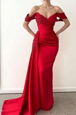Red Long Off the Shoulder Satin Mermaid Prom Dresses