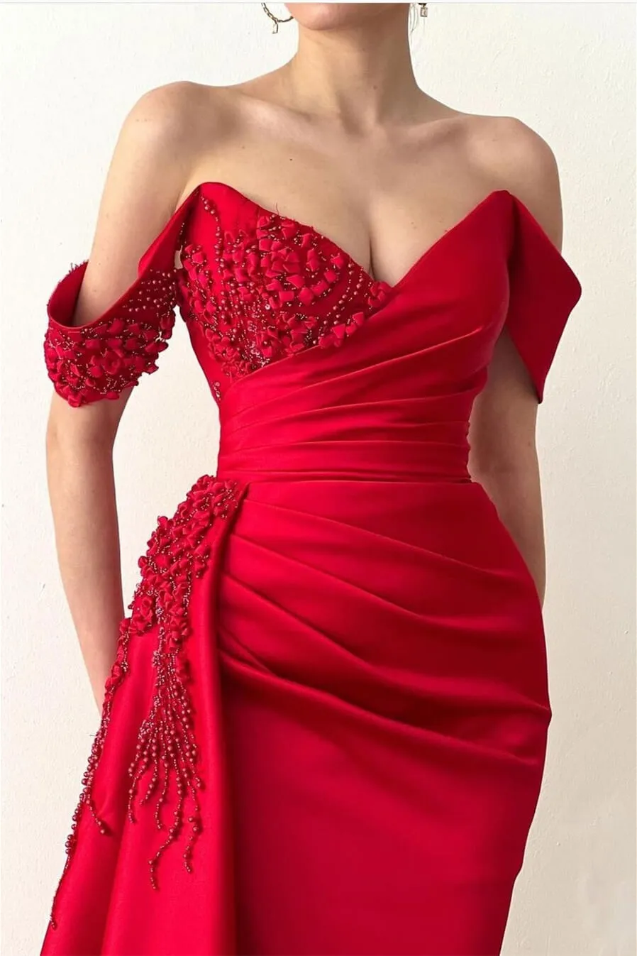 Red Long Off the Shoulder Satin Mermaid Prom Dresses