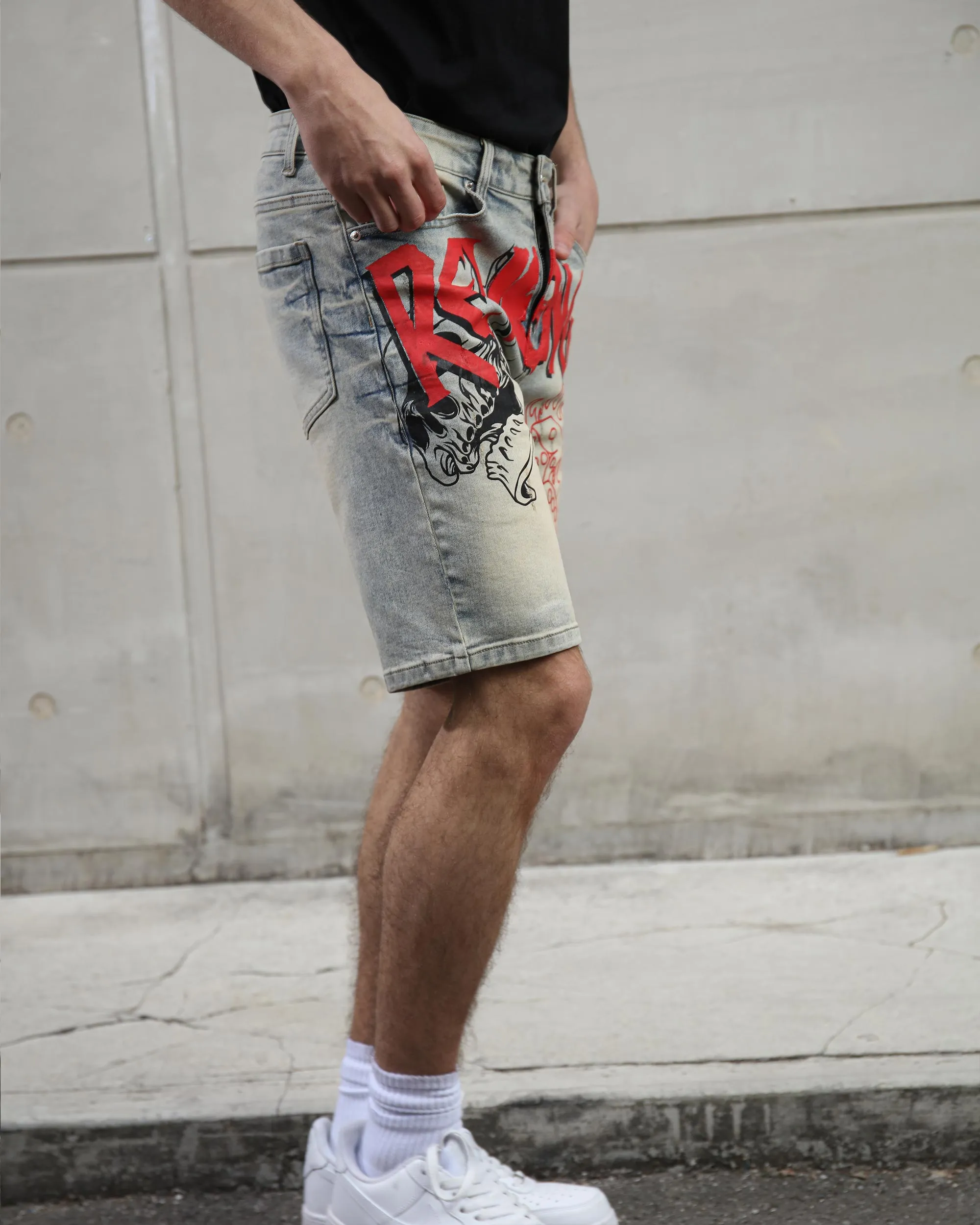 Retro Distressed Blue Denim Shorts with Street Graffiti-Mexico Local Delivery