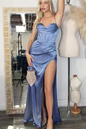 Sexy Long Mermaid Dusty Blue Spaghetti Straps Satin Sleeveless Prom Dress