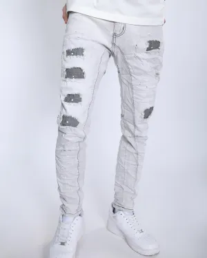 Slim Fit Gray Jeans with Rips, Patches, and Distressed Detailing-Mexico Local Delivery