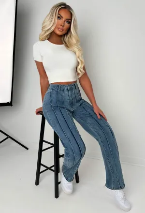 Slim Pickings Mid Wash Stitch Seamed Stretch Straight Leg Jeans