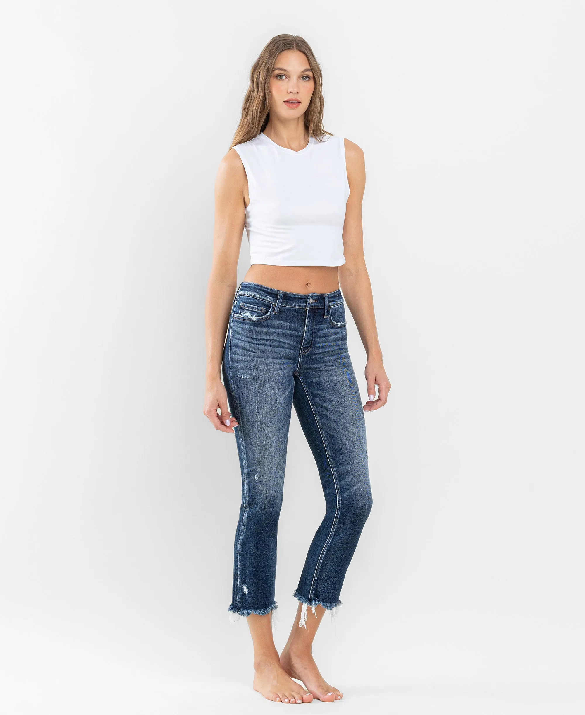 Stunned - Low Rise Raw Hem Crop Slim Straight Jeans