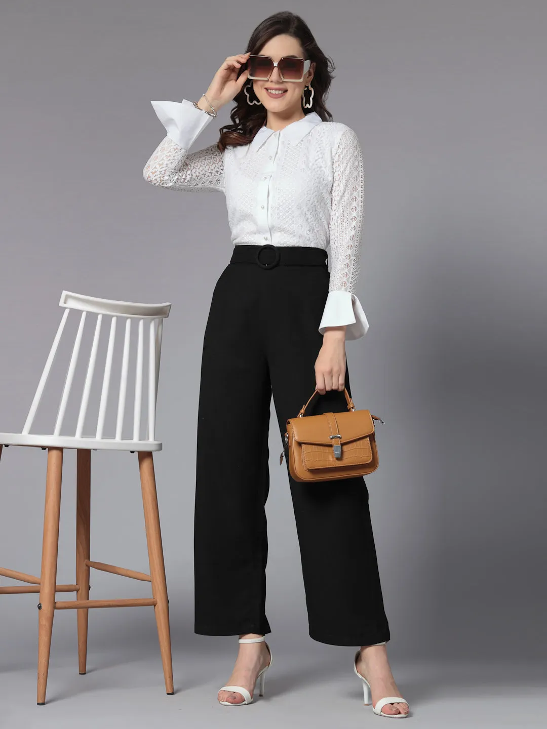 Style Quotient Women White Lace Smart Fit Long Sleeve Shirt