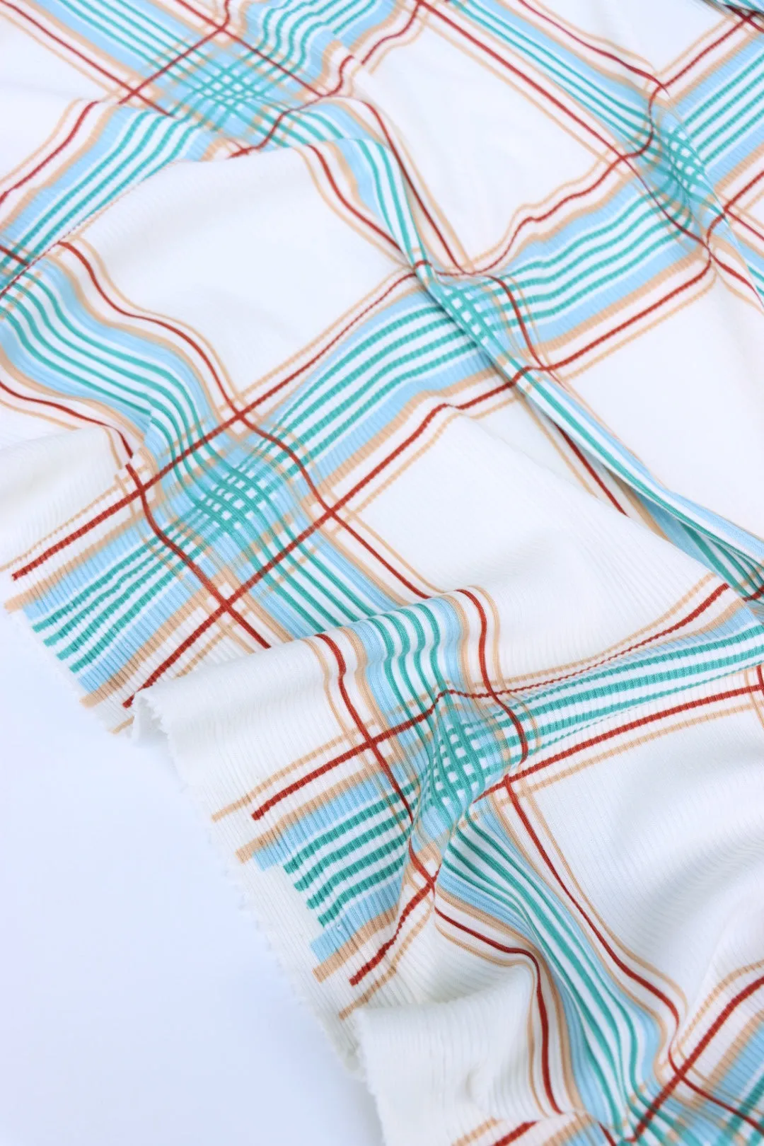 Turquoise/Rust Plaid Yummy 2x1 Rib Knit