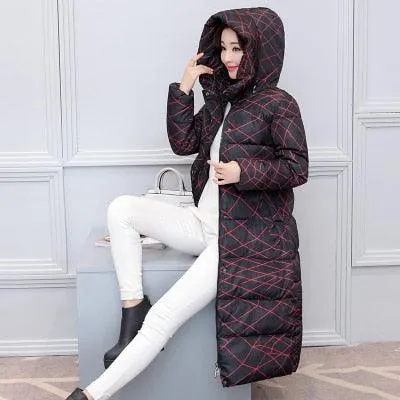 Women Long Coat Fashion Design Print Thick Padded Down Cotton Slim Jacket