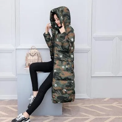 Women Long Coat Fashion Design Print Thick Padded Down Cotton Slim Jacket
