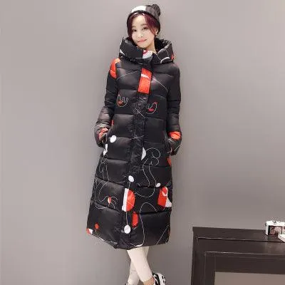 Women Long Coat Fashion Design Print Thick Padded Down Cotton Slim Jacket