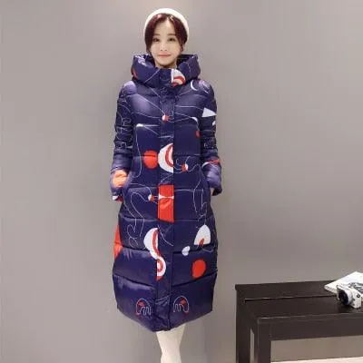Women Long Coat Fashion Design Print Thick Padded Down Cotton Slim Jacket