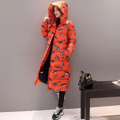 Women Long Coat Fashion Design Print Thick Padded Down Cotton Slim Jacket