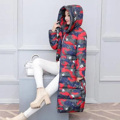 Women Long Coat Fashion Design Print Thick Padded Down Cotton Slim Jacket