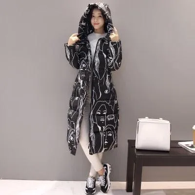 Women Long Coat Fashion Design Print Thick Padded Down Cotton Slim Jacket