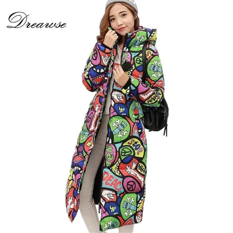 Women Long Coat Fashion Design Print Thick Padded Down Cotton Slim Jacket
