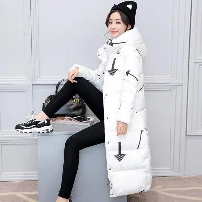 Women Long Coat Fashion Design Print Thick Padded Down Cotton Slim Jacket