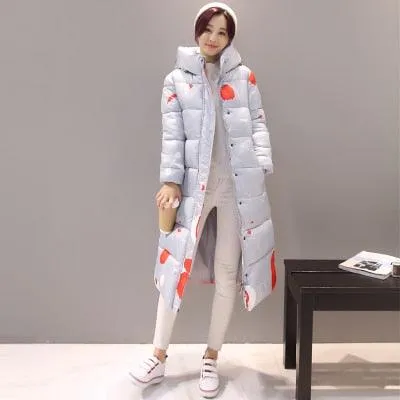Women Long Coat Fashion Design Print Thick Padded Down Cotton Slim Jacket